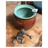 IRON MONKEY FIGURINE, CROCK WITH NO LID, BRASS