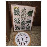 FRAMED NEEDLEPOINT HERBS, AUDUBON WALL CLOCK