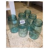 7 BLUE GLASS BALL AND ATLAS CANNING JARS