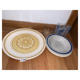 YELLOW DAISY ROUND PLATTER, BOWLS, GLASSES
