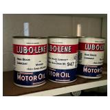 LUB0O-LENE MOTOR OIL CANS, 1 EMPTY, 2 FULL