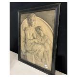 CHARCOAL MOTHER AND CHILD SIGNED LR LEACH