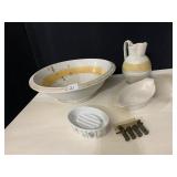 IRONSTONE PITCHER AND BOWL, SOAP DISH PLANTER,