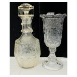 GLASS VASE 10.25" H WITH PEDESTAL, AND AN ETCHED