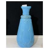 BLUE GLASS VASE 9.5" H WITH RAISED FLORAL DESIGN