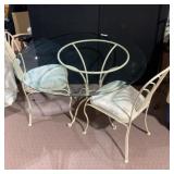 GLASS TOP IRON PATIO TABLE WITH 2 IRON CHAIRS