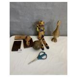 WOODEN BOOBIE BIRD, WOOD PIG JOINTED ARMS AND