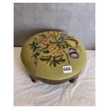 NEEDLE POINT TOPPED FOOT STOOL, FRUIT BASKET,