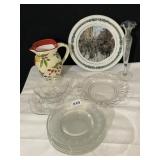 ETCHED BUD VASE, GLASS LUNCHEON PLATES, GLASS