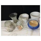 GLASS CANISTERS FILLED WITH SHELLS, FLOWERPOTS,