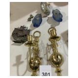 BRASS CANDLE STICKS AND SWANS