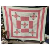 83X65 HAND STITCHED QUILT WITH PINK FLOWERS,