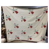 84X74 HAND STITCHED RED TULIP QUILT WITH SOME