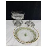 GOLD EDGE HAND PAINTED BOWL, COMPOTE CHIP ON LID