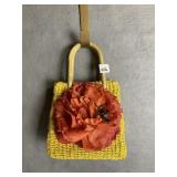 PURSE YELLOW WITH FLOWER ON FRONT, BAMBOO HANDLE
