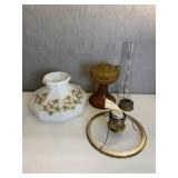 HAND PAINTED GLASS SHADE, AMBER GLASS OIL LAMP,