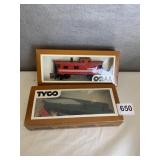 TYCO SKID FLAT WITH 3 TRACTORS AND CABOOSE