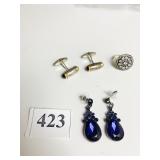 MENï¿½S CUFF LINKS BLUE STONE EARRINGS AND BLACK