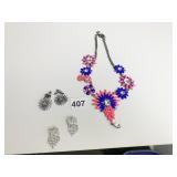 RED AND BLUE FLORAL NECKLACE TWO PAIR OF PIERCED