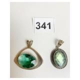 TWO SILVER 925 PENDANTS WITH GREEN STONES