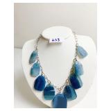 BLUE GLASS STONE NECKLACE ON GOLD TONE CHAIN