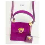 FERRAGAMO PLUM PURPLE SUEDE HANDBAG WITH MINI