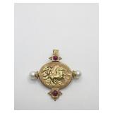 14K ULTRA UNIQUE PIN/ PENDANT WITH RED STONES AND