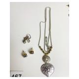 SILVER TONE PENDANT NECKLACE TWO PAIR OF EARRINGS