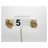 18K GOLD FAN SHAPE PIERCED EARRINGS W/ 3