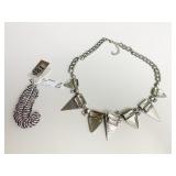 RHINESTONE FEATHER PIN SILVER TONE METAL NECKLACE