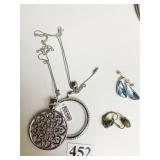 THREE PAIRS OF EARRINGS SILVER TONE NECKLACE WITH