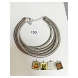 FIVE STRAND SILVER TONE NECKLACE FOUR METAL TILE