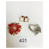 THREE CHRISTMAS THEME PINS POINSETTIA HEART AND