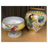 HAND PAINTED ITALY VASE AND PEDESTAL DISH
