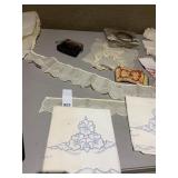 PAIR VINTAGE PILLOWCASES, LACE, HANKIES, SCARF,