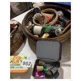 THIMBLES, SEWING BASKET, TINS, ETC.
