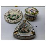 ASH TRAY, COVERED BOX AND PLATE ALL CAPODIMONTE
