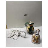 HAND PAINTED ITALY BELL, PITCHER, CANDLE HOLDER