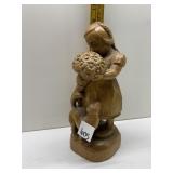 CARVED GIRL W/ CAT AND FLOWERS 10" H