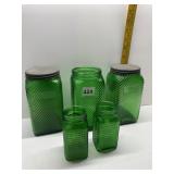 GREEN RIBBED GLASS JARS 5 TWO WITH LIDS