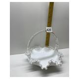 MILK GLASS RUFFLE EDGE HANDLED BASKET