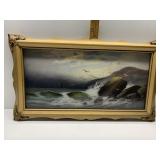 OCEAN SCENE W/ SEAGULLS AND WAVES CRASHING ON THE