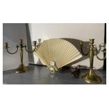 BRASS FAN LAMP AND 2 BRASS 3 ARM CANDLE HOLDERS