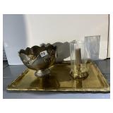 BRASS TRAY, CANDLE HOLDER, BOWL