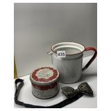 THEATRICAL COLD CREAM TIN, PORCELAIN PITCHER, BOW