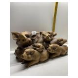 NUZZLED TOGETHER PIGS CARVED WOOD 7" H X 19" L