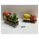 TOY CEMENT TRUCK AND TIN TRAIN
