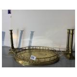 OVAL BRASS TRAY 17" AND 4 12" CANDLE STICKS