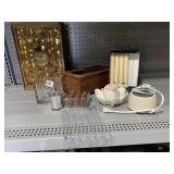 GALLO ORNATE WINE BOX, WAX MELTER, CANDLES, ETC.