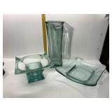 3 PC GREEN GLASS CANDLE HOLDERS/VASES